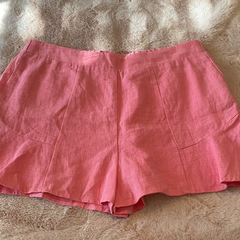 Karlie Coral-Pink High Waist Linen-Blend Shorts